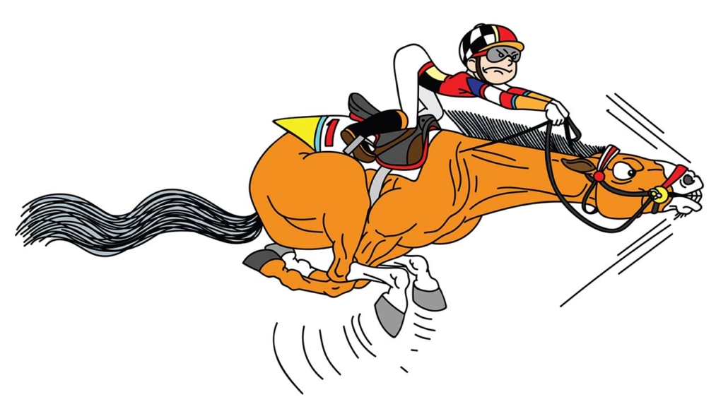 cartoon race horse with jockey galloping in the full speed