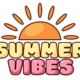 Groovy sticker with sun and summer vibes text