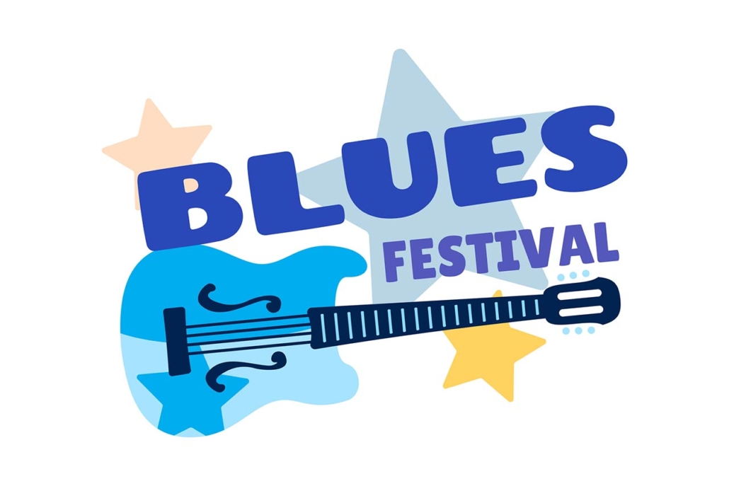 jazz and blues music festival icon with guitar and stars