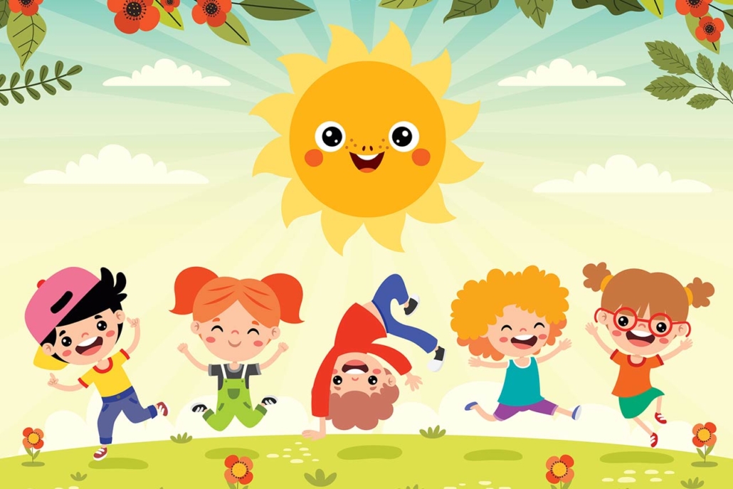 kids playing at nature with sun illustration