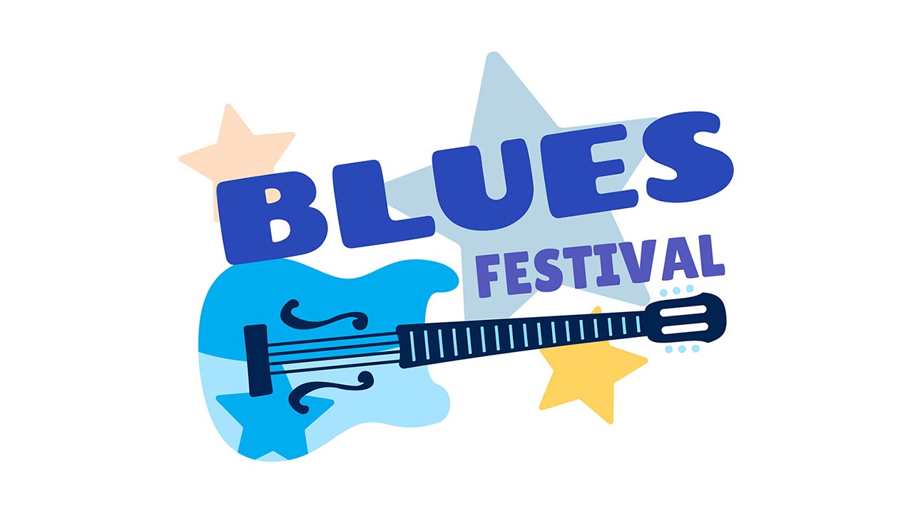 jazz and blues music festival icon with guitar and stars