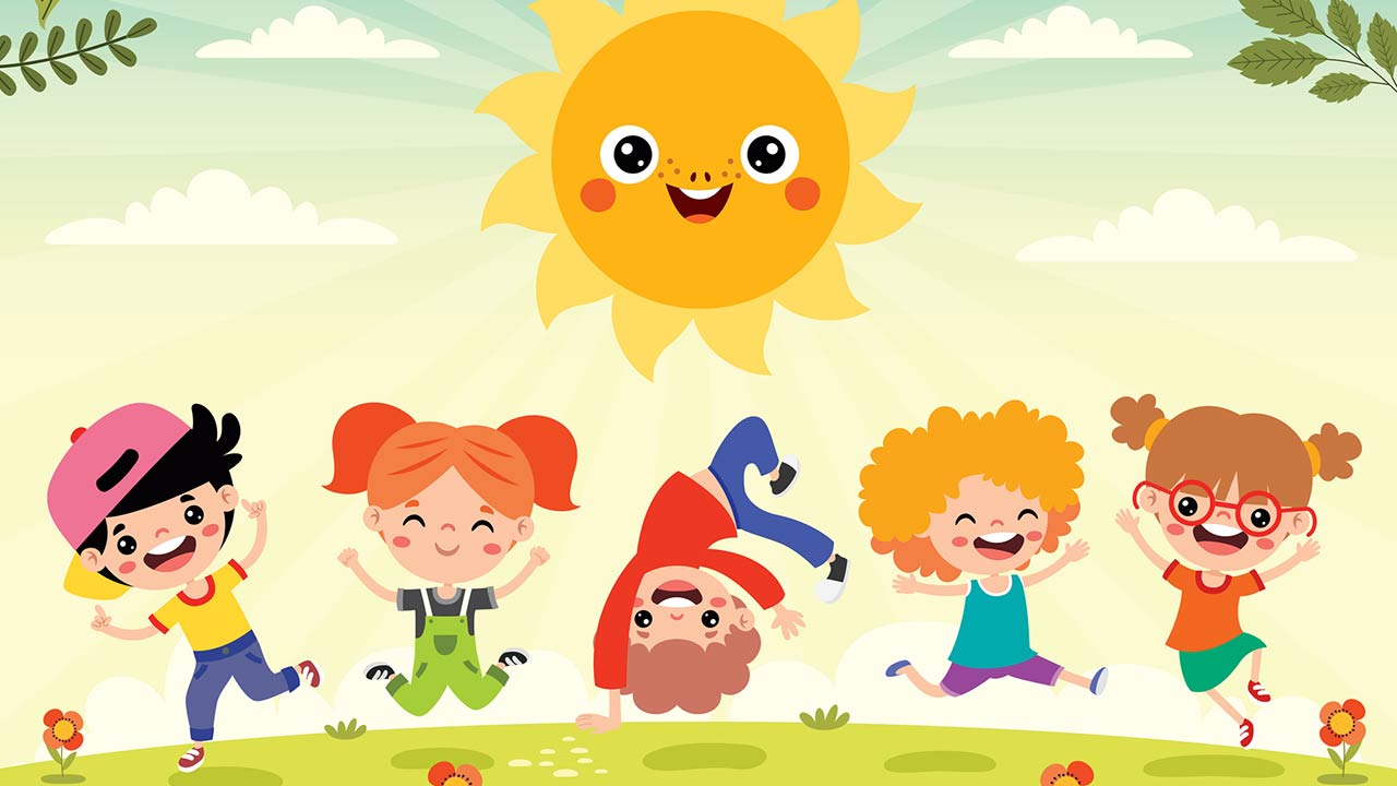 kids playing at nature with sun illustration