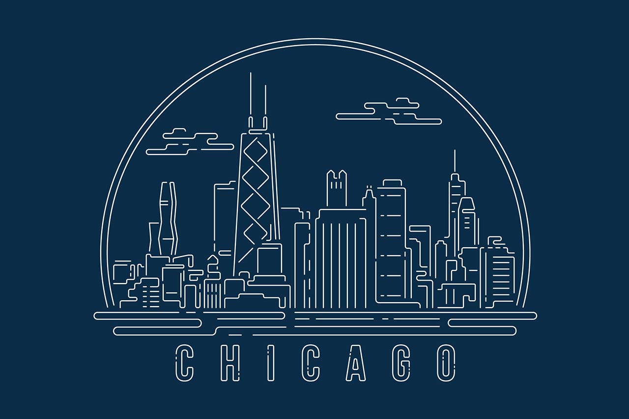 Chicago skyline with white abstract line corner curve modern style on dark blue background