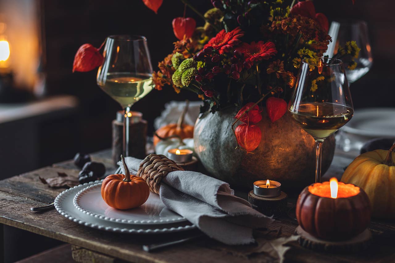 Family cozy thanksgiving dinner arrangement indoors at home