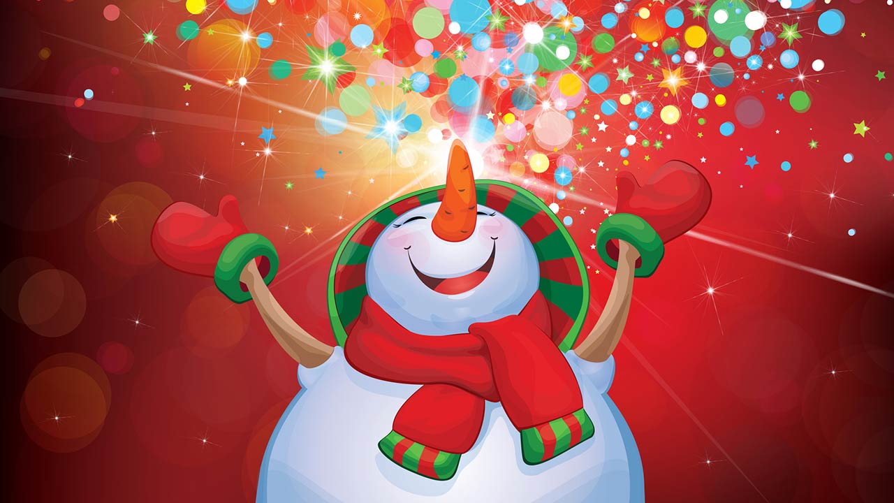 Vector happy snowman and Christmas lights