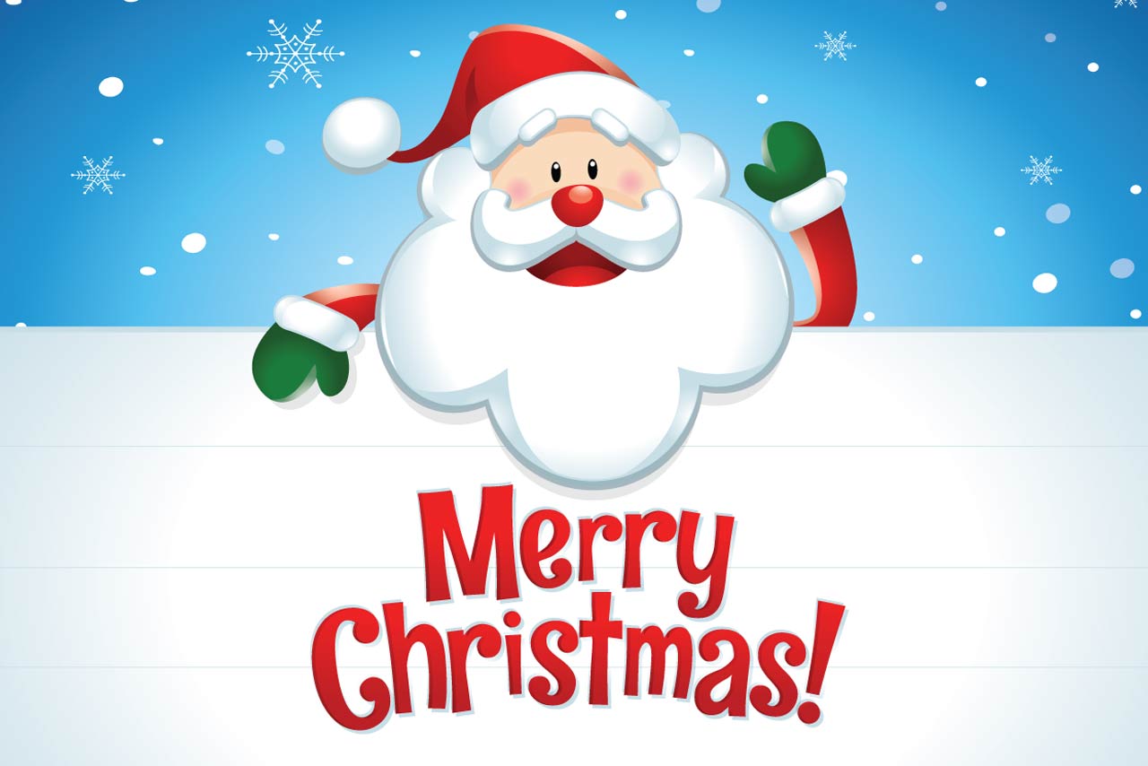 Merry Christmas! Santa Claus in blue sky vector graphic