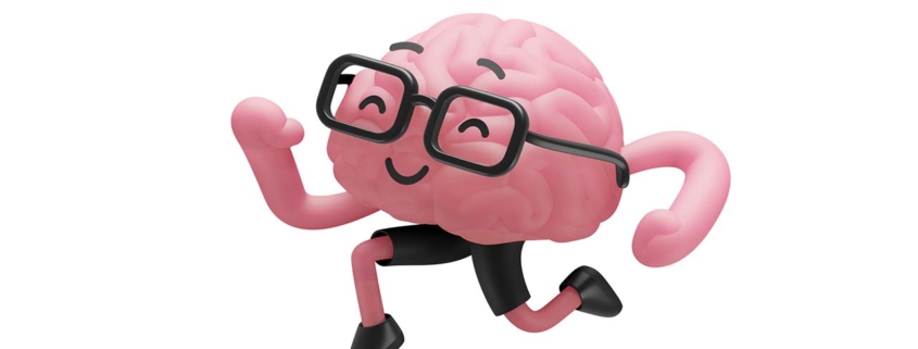 3d illustration of a brain character in glasses running