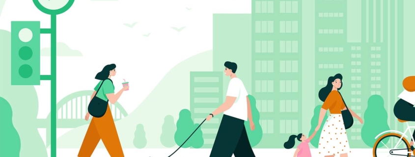 City scape flat vector illustration of people walking