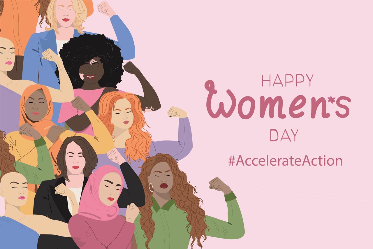 Womens Day 2025 banner illustration with diverse women flexing